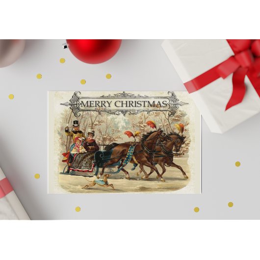 ヴィンテージメリークリスマス馬そりに乗る シーズンポストカード