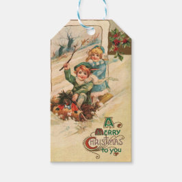 ヴィンテージメリークリスマス、そりの子供たち ギフトタグ