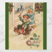 ヴィンテージメリークリスマス、そりの子供たち ワインラベル (シングルラベル)