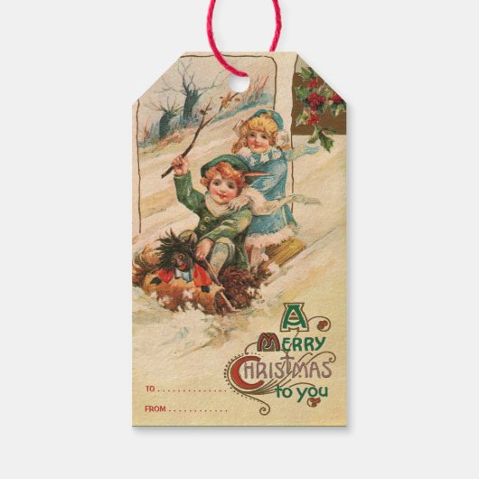 ヴィンテージメリークリスマス、そりの子供たちT ギフトタグ (裏面)