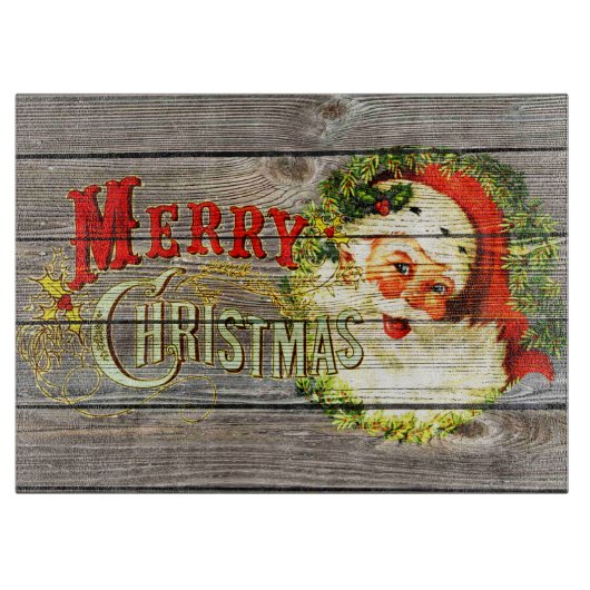 ヴィンテージメリークリスマス&サンタ素朴オンオールドウッド カッティングボード (正面)