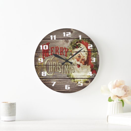 ヴィンテージメリークリスマス&サンタ素朴オンオールドウッド ラージ壁時計 (ホーム)
