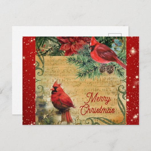 ヴィンテージメリークリスマス（鳥）ショウジョウコウカンチョウ音楽 ポストカード (正面/裏面)