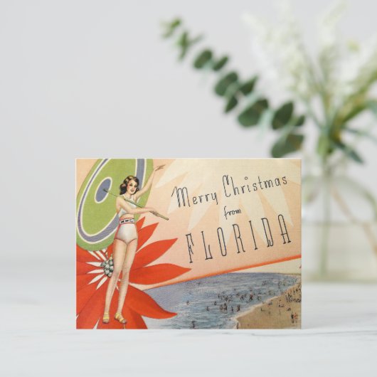 ヴィンテージメリークリスマスfromフロリダのビーチ女 ポストカード (スタンド正面)