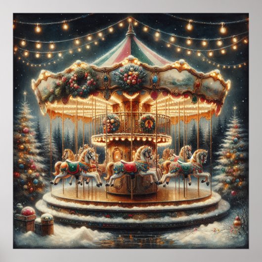 ヴィンテージメリーゴーラウンドのクリお洒落スマス ポスター (正面)