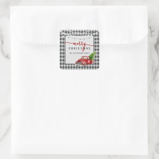 ヴィンテージメリートラックと木のクリスマス スクエアシール (バッグ)