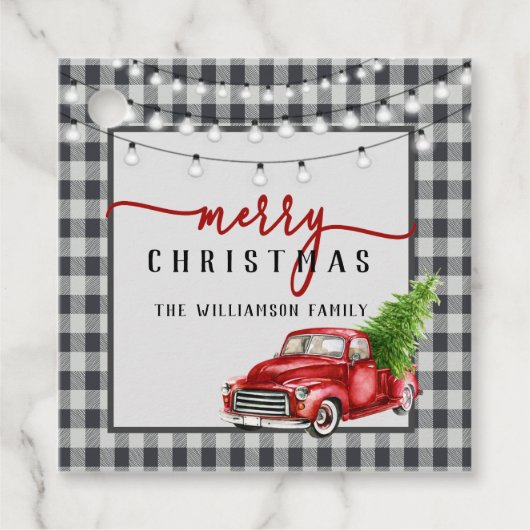 ヴィンテージメリーレッドトラックとツリーのクリスマスプレゼント フェイバータグ (正面)