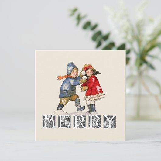 ヴィンテージメリー雪だるま式の子供のクリスマス シーズンカード (スタンド正面)