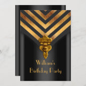 ヴィンテージメンズバースデーパーティー金ゴールドブラックストライプ 招待状 (正面/裏面)