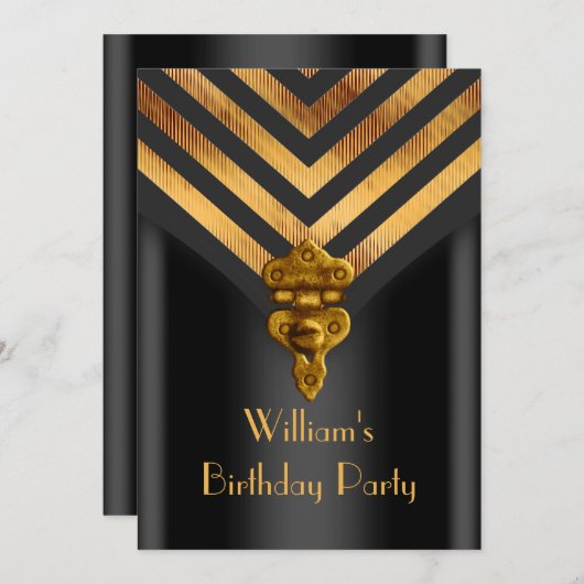 ヴィンテージメンズバースデーパーティー金ゴールドブラックストライプ 招待状 (正面/裏面)