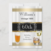 ヴィンテージメンズ60thバースデーパーティー金ゴールドホワイトビール 招待状 (正面)