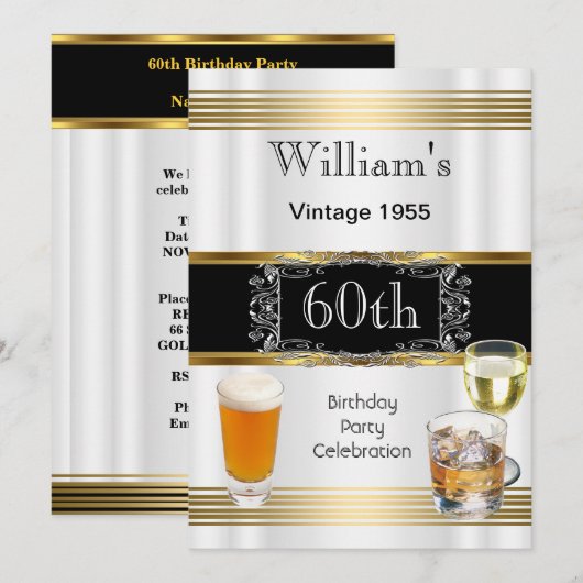 ヴィンテージメンズ60thバースデーパーティー金ゴールドホワイトビール 招待状 (正面/裏面)