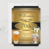 ヴィンテージメンズ70thバースデーパーティー金ゴールドビール 招待状 (正面)