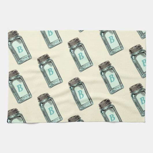 ヴィンテージメーソンキャニング瓶パターンとモノグラム キッチンタオル (横)