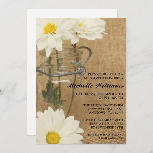 ヴィンテージメーソンジャールホワイトデイジーブライダルシャワー 招待状 (正面/裏面)