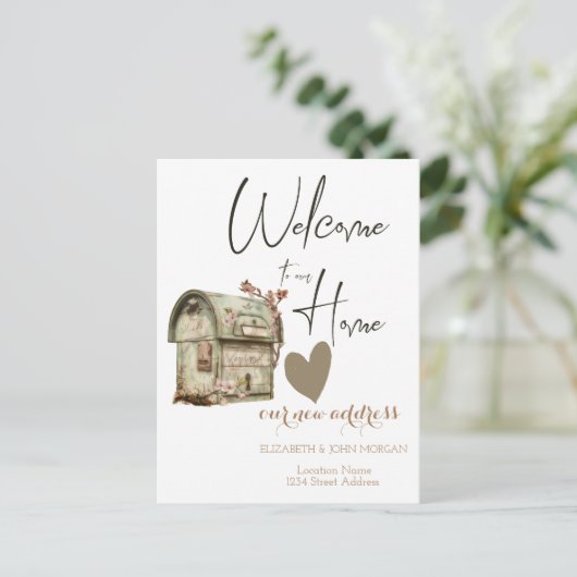 ヴィンテージメールボックス、ハートの新しいアドレス 案内ポストカード (スタンド正面)