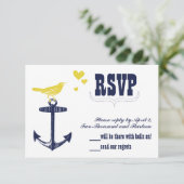 ヴィンテージモダンかわいいイエローバードネイビーいかりRSVP 出欠カード (スタンド正面)