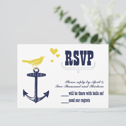 ヴィンテージモダンかわいいイエローバードネイビーいかりRSVP 出欠カード (スタンド正面)