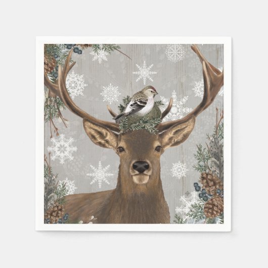 ヴィンテージモダンの素朴な冬鹿 スタンダードカクテルナプキン (正面)