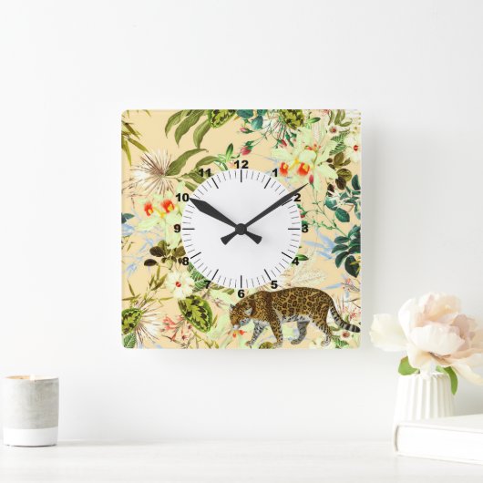 ヴィンテージモダンの花ジャングル熱帯地方 スクエア壁時計 (ホーム)