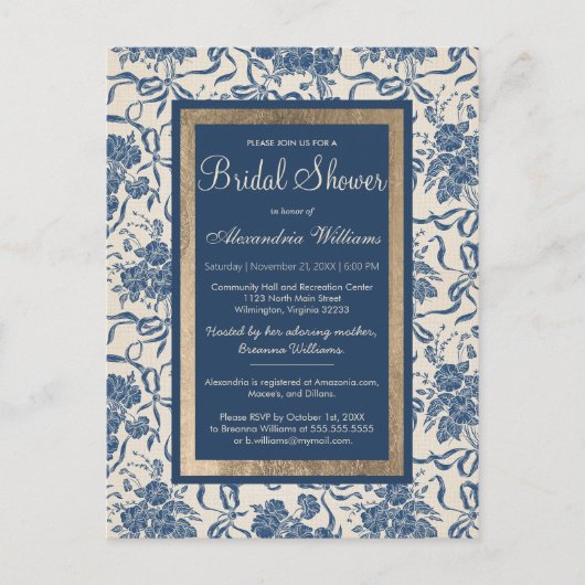 ヴィンテージモダンアイボリーネイビーフローラブライダルシャワー インビテーションポストカード (正面)
