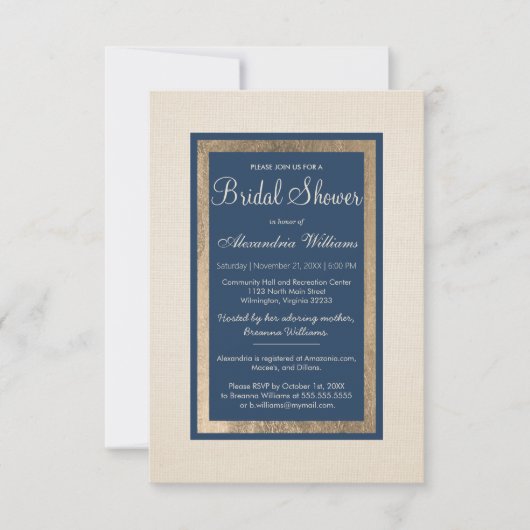 ヴィンテージモダンアイボリーネイビーフローラブライダルシャワー 招待状 (正面)