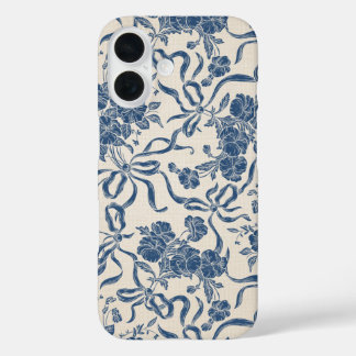 ヴィンテージモダンアイボリーネイビーブルーフローラルパターン iPhone 16ケース