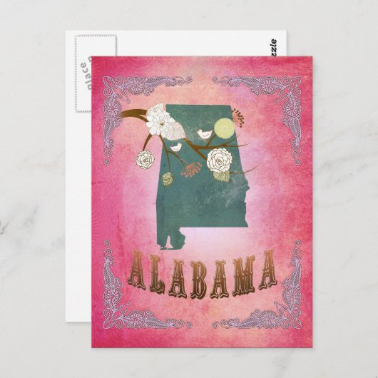 ヴィンテージモダンアラバマ州の地図 – キャンディピンク ポストカード (正面/裏面)