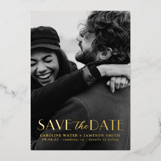 ヴィンテージモダンアールデコ日付のフォイル起動を保存 箔招待状 (正面)