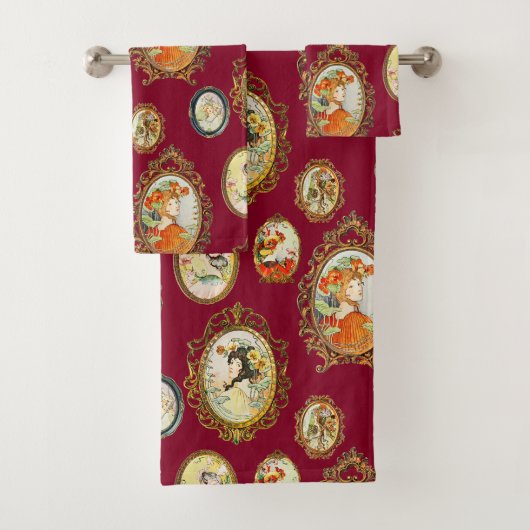 ヴィンテージモダンアールヌーボーガールズフラワーフレーム バスタオルセット (インサイチュ)