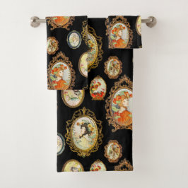 ヴィンテージモダンアールヌーボーガールズフラワーフレーム バスタオルセット