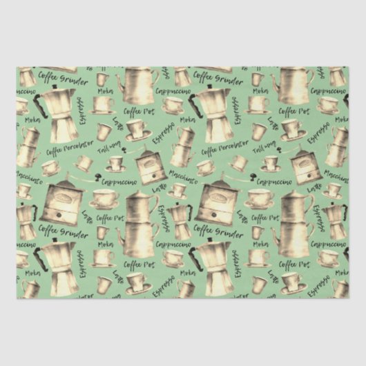 ヴィンテージモダンウォーター色コーヒーポットセージ 薄葉紙 (正面)