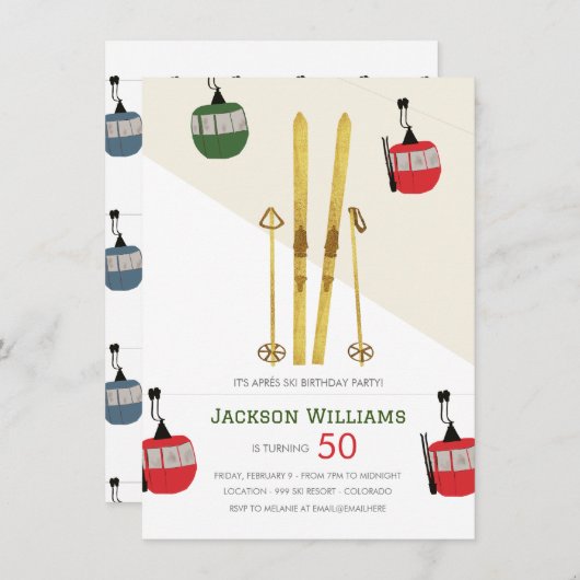 ヴィンテージモダンエペーススキースキー誕生日 招待状 (正面/裏面)