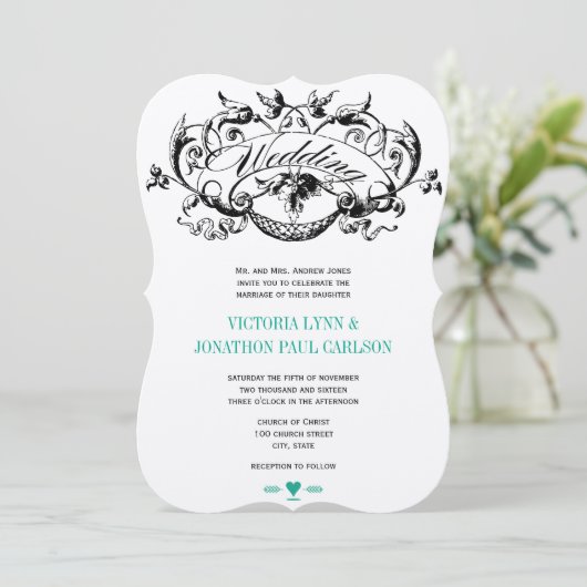 ヴィンテージモダンエメラルド結婚式招待状 招待状 (スタンド正面)