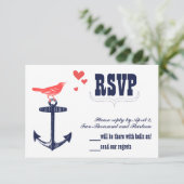 ヴィンテージモダンキュートコーラルバードネイビーいかりRSVP 出欠カード (スタンド正面)