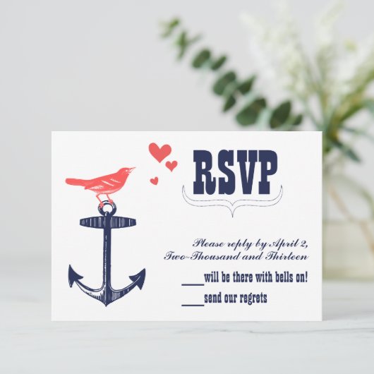 ヴィンテージモダンキュートコーラルバードネイビーいかりRSVP 出欠カード (スタンド正面)