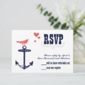 ヴィンテージモダンキュートコーラルバードネイビーいかりRSVP 出欠カード (スタンド正面)