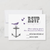 ヴィンテージモダンキュートパープルバードグレーいかりRSVP 出欠カード (正面)