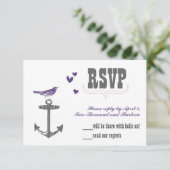 ヴィンテージモダンキュートパープルバードグレーいかりRSVP 出欠カード (スタンド正面)