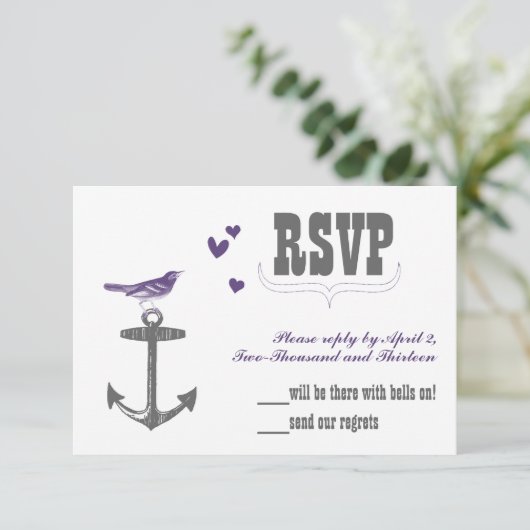 ヴィンテージモダンキュートパープルバードグレーいかりRSVP 出欠カード (スタンド正面)