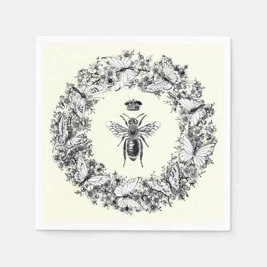 ヴィンテージモダンクイーンビークラウンバタフライリース スタンダードカクテルナプキン (正面)