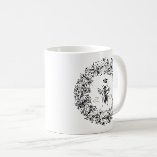 ヴィンテージモダンクイーンビーバタフライリースモノグラム コーヒーマグカップ (正面右)