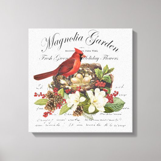 ヴィンテージモダンクリスマス（鳥）ショウジョウコウカンチョウ キャンバスプリント (正面)