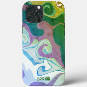 ヴィンテージモダングリーンパープル抽象芸術名レトロ iPhone 13 PRO MAXケース