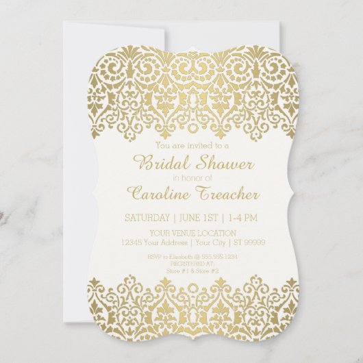ヴィンテージモダンゴールデンレースルックエレガントブライダル 招待状 (正面)