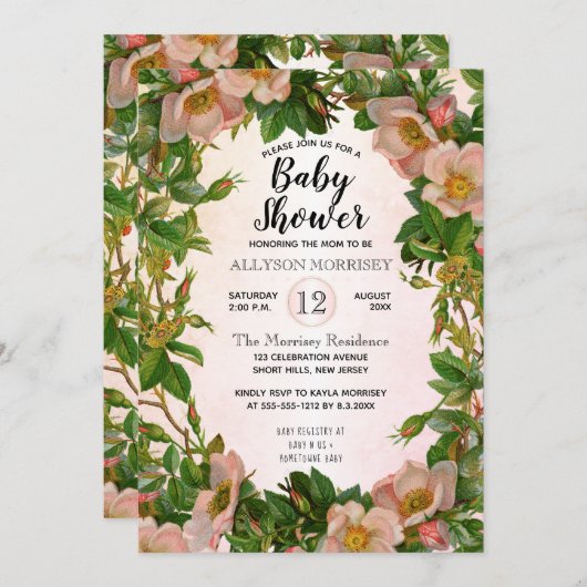 ヴィンテージモダンサンゴフローラ植物性ベビーシャワー 招待状 (正面/裏面)