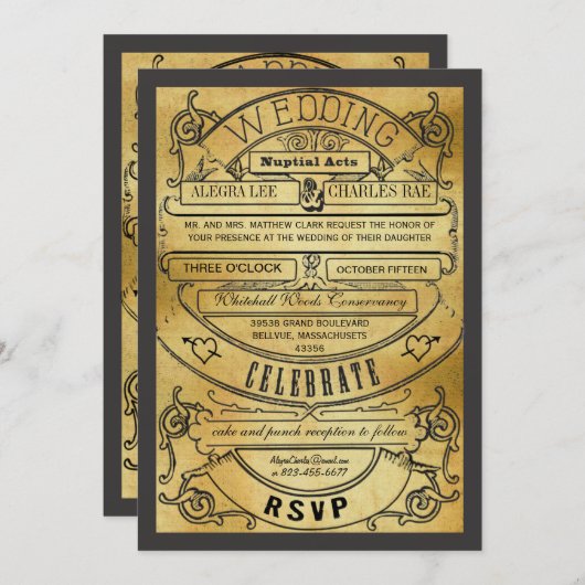 ヴィンテージモダンタイポグラフィチケットウェディング招待 招待状 (正面/裏面)