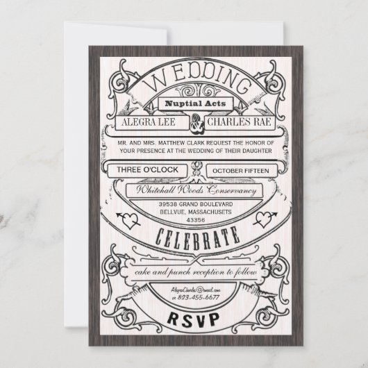 ヴィンテージモダンタイポグラフィチケットウェディング招待 招待状 (正面)