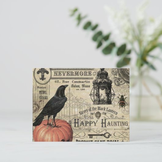 ヴィンテージモダンハロウィーンのカボチャとカラス ポストカード (スタンド正面)