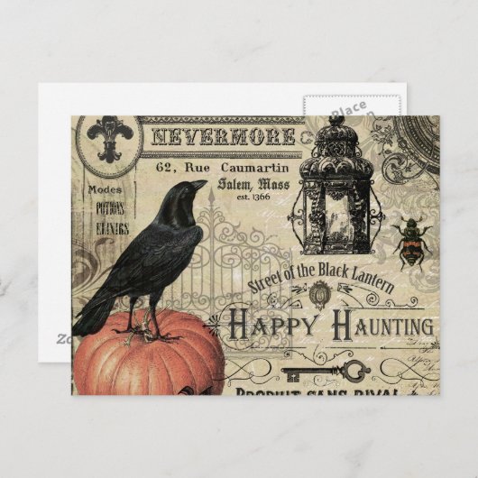 ヴィンテージモダンハロウィーンのカボチャとカラス ポストカード (正面/裏面)
